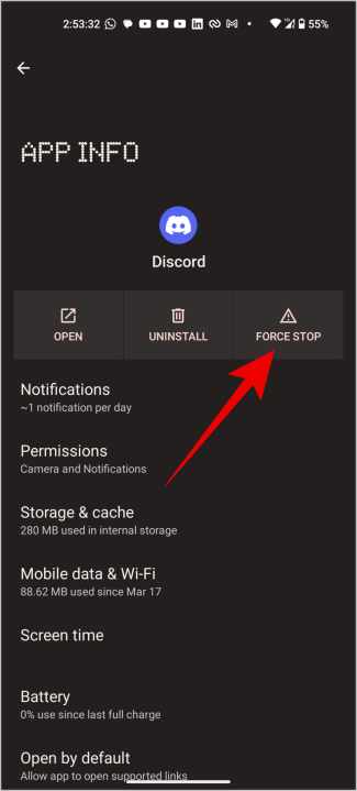 Принудительно остановить приложение Discord на Android