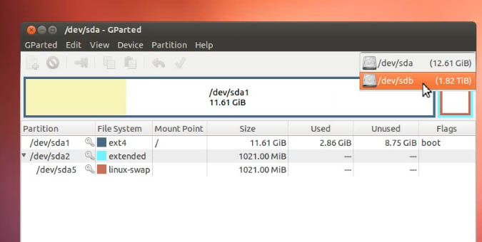 отформатируйте жесткий диск в Linux с помощью gparted