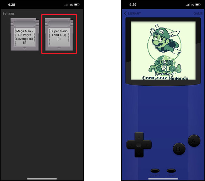 Нажмите на любой картридж, чтобы запустить игру Gameboy на своем iPhone. На втором скриншоте изображен геймбой с полным DPad и кнопками.