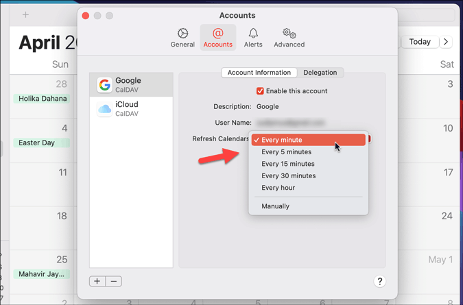 изменить интервал обновления календаря Google на Mac