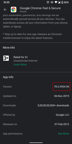 номер версии Google Chrome в магазине Play