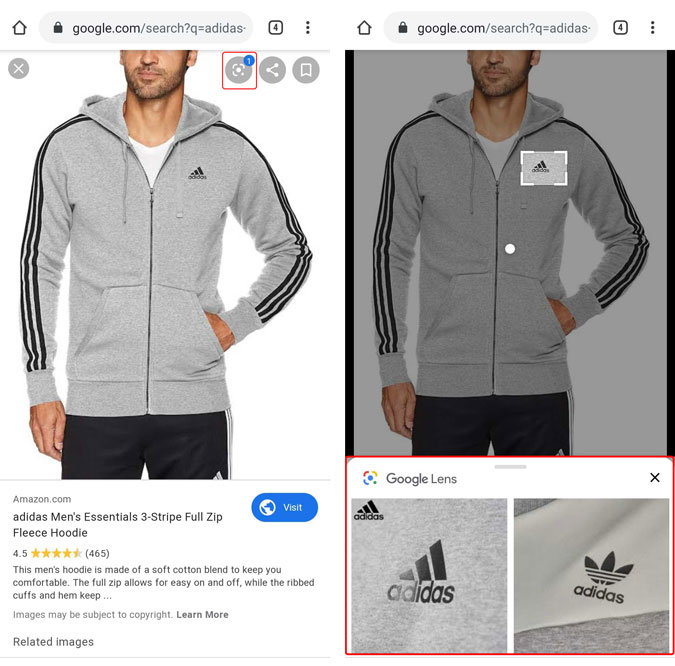 Футболка adidas в Google Chrome идентифицируется по объективу Google