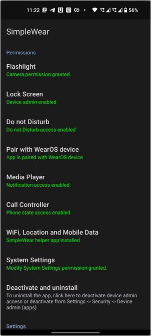 Все разрешения предоставлены приложению SimpleWear на Android