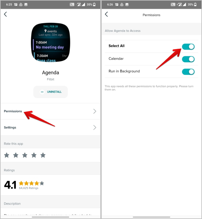 Предоставление разрешения приложению Agenda на Fitbit