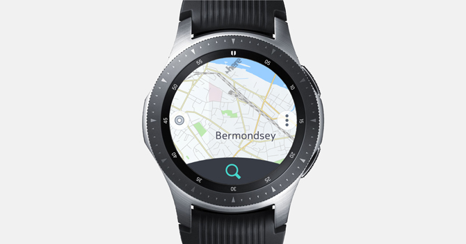 Скриншот Galaxy Watch с картой WeGo и кнопкой поиска внизу.