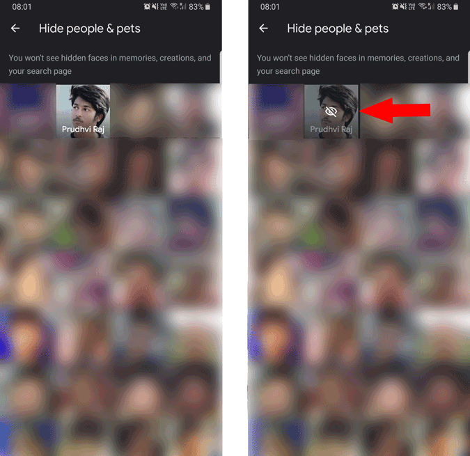 выбор людей, которых нужно скрыть в воспоминаниях в Google Фото