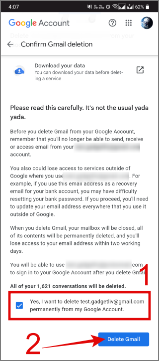 нажмите кнопку «Удалить Gmail».