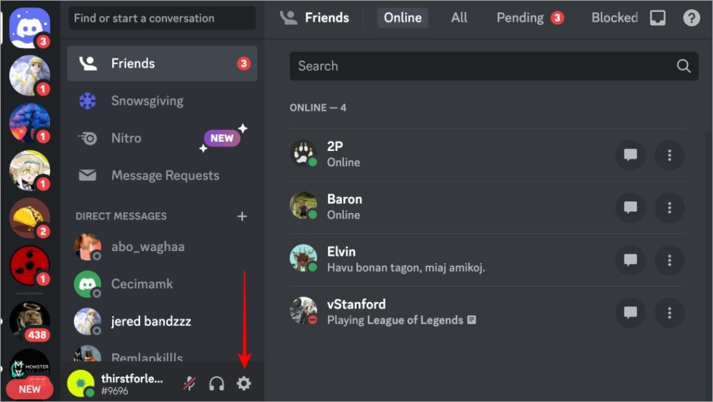 Кнопка настроек Discord в Интернете и приложении настроек