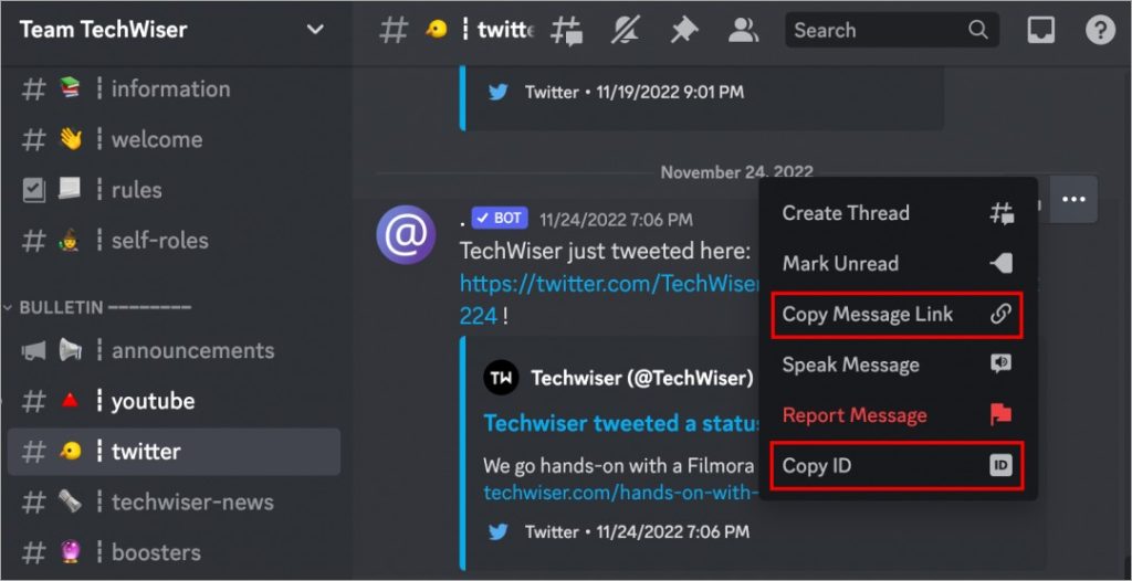 скопировать ссылку на сообщение Discord в веб-приложениях и настольных приложениях