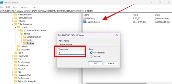 изменение значения Enablestickers на 1 в regedit в Windows 11