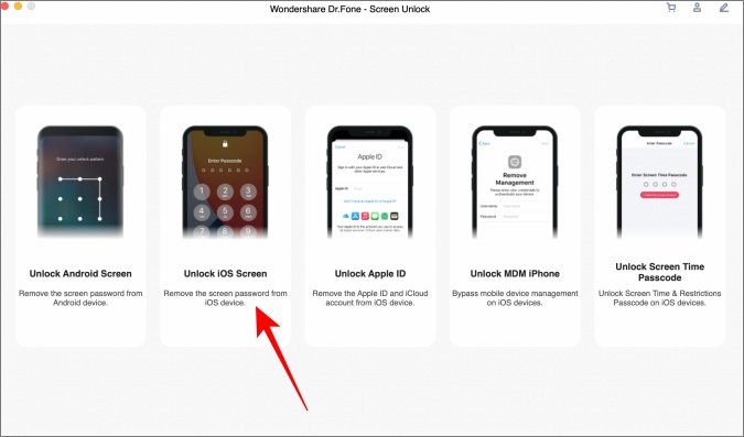 разблокировать опцию экрана iOS на dr.fone в macOS