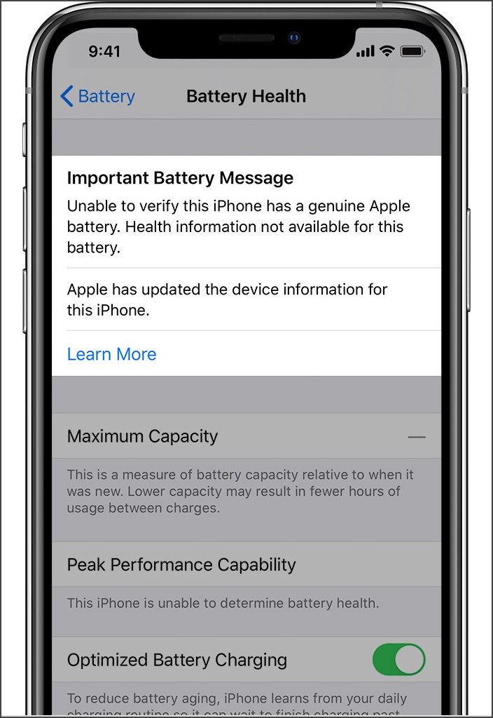 Важное сообщение о батарее в настройках состояния батареи iPhone