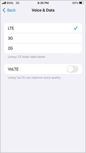 Опция передачи голоса и данных LTE в iPhone