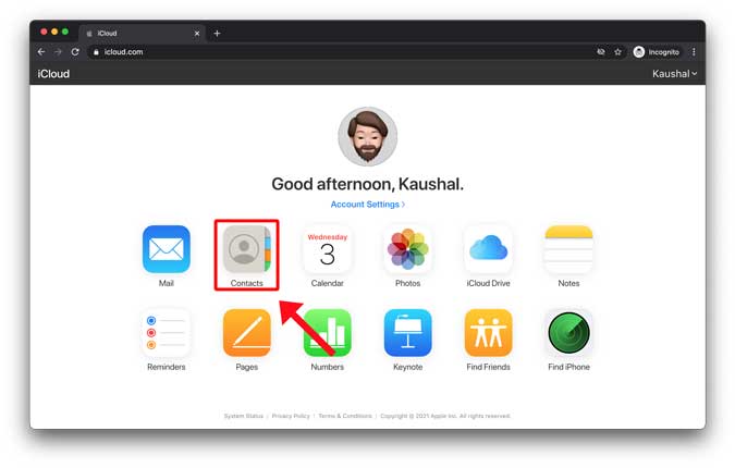 приложение «Контакты» в веб-приложении icloud