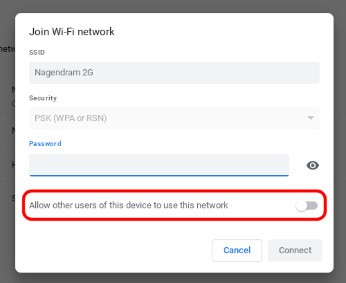 Разрешение другим пользователям этого устройства использовать эту сеть на Chromebook