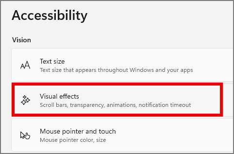 Визуальные эффекты в настройках специальных возможностей в Windows