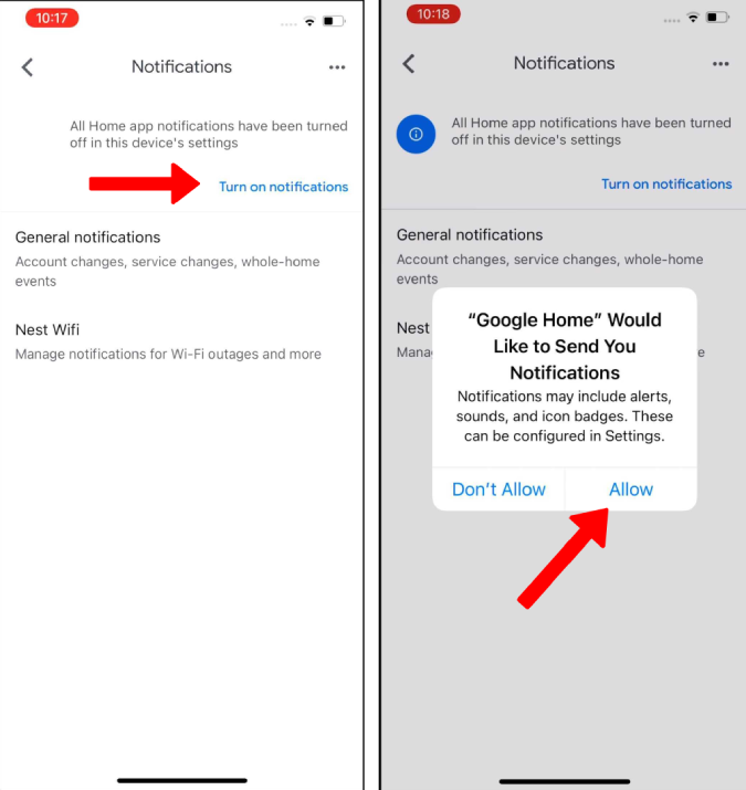 Включение уведомлений в приложении Google Home на iPhone