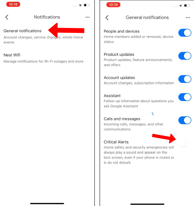 Включение критических оповещений в приложении Google Home