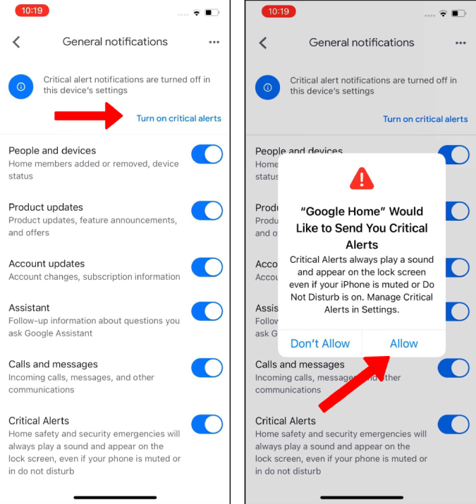 Разрешение Google Home отправлять критические оповещения на iPhone