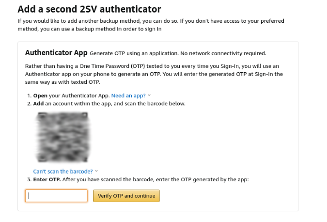 Добавление аутентификатора с помощью QR-кода на Amazon