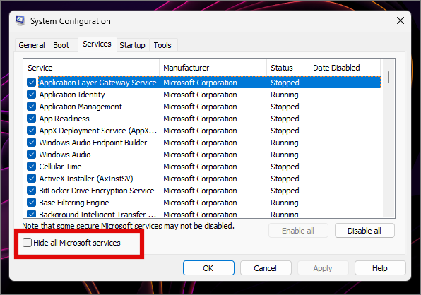 Скрытие служб Microsoft из конфигурации системы в Windows