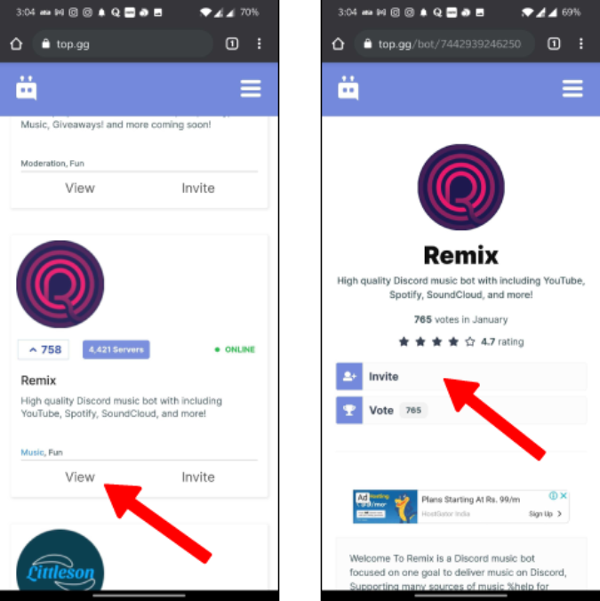 Приглашение бота с сайта top.gg на сервер
