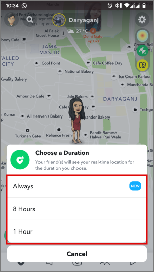 продолжительность передачи местоположения в реальном времени в Snapchat
