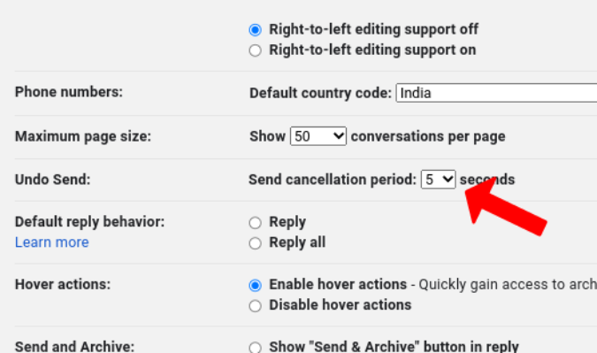 Изменение продолжительности отмены отправки в Gmail