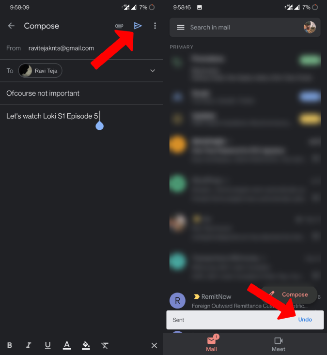 Опция «Отменить отправку» в приложении Gmail на телефоне