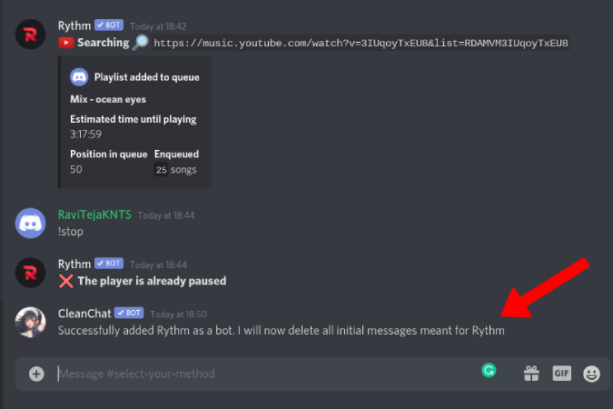 Cleanchat удаляет командные сообщения в Discord