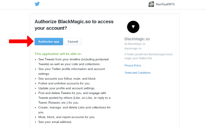 Аутентификация в приложении Black Magic Twitter