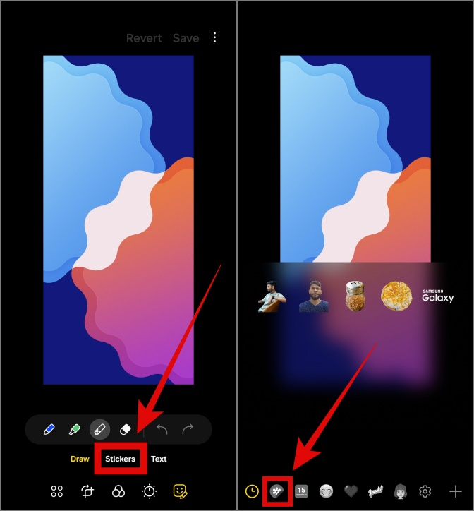 доступ к разделу наклеек в фоторедакторе на телефонах Samsung Galaxy