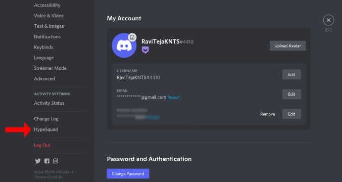 Опция HypeSquad в настройках Discord