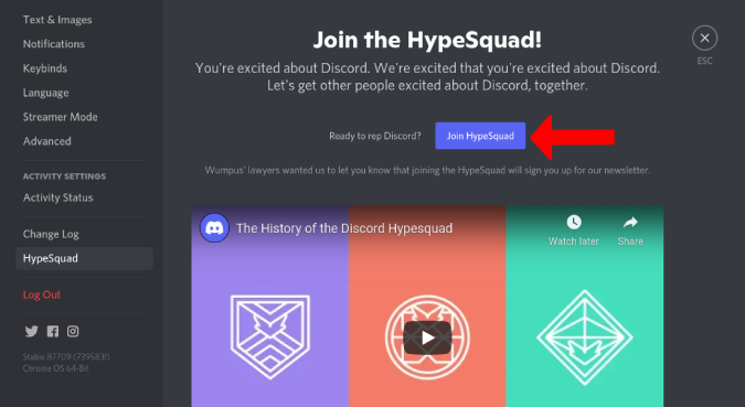 Присоединение к HypeSquad из настроек Discord