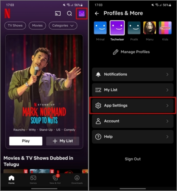 Настройки приложения в приложении Netflix