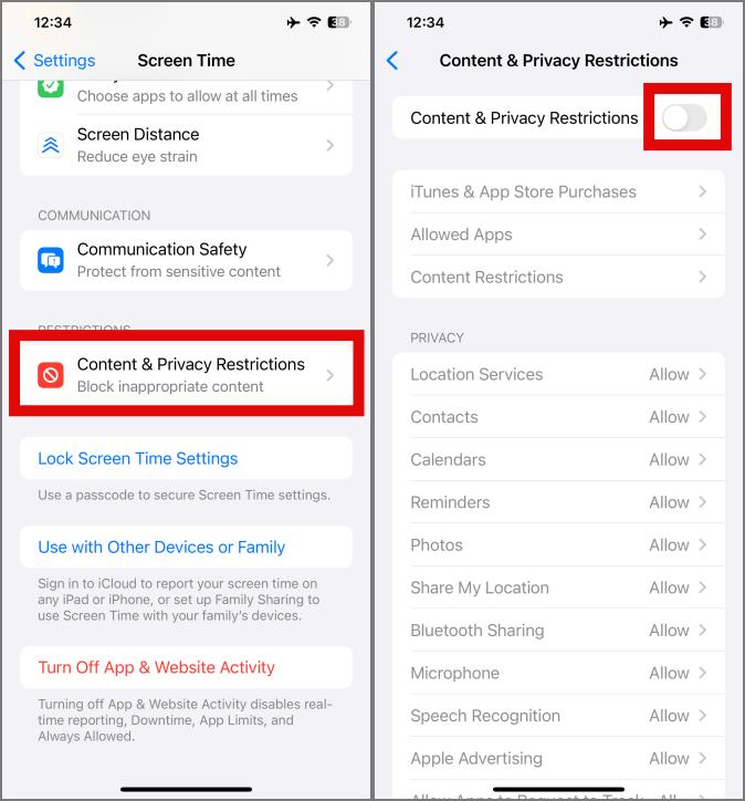 включение ограничений контента и конфиденциальности на iPhone