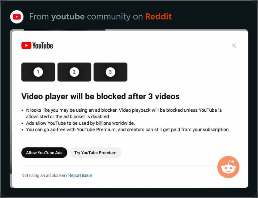 Предупреждение о блокировке рекламы получено на YouTube в веб-браузере