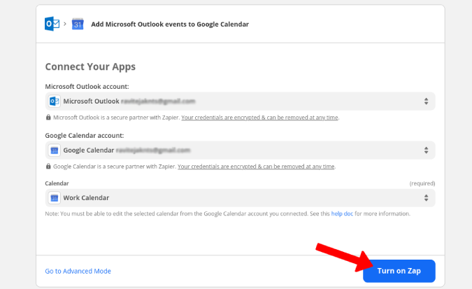 Включение Zap для синхронизации Outlook и Календаря Google