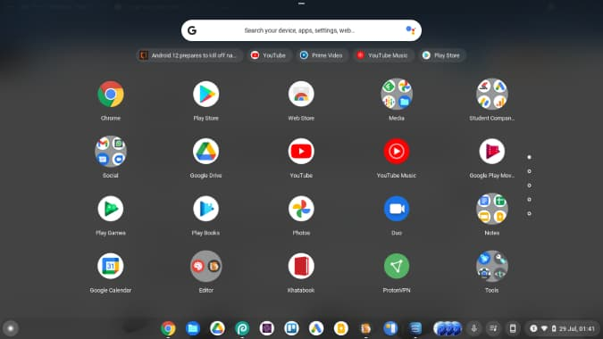 Панель приложений на Chromebook