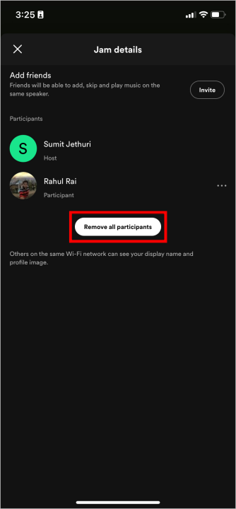 Кнопка «Удалить всех участников» в Jam в Spotify
