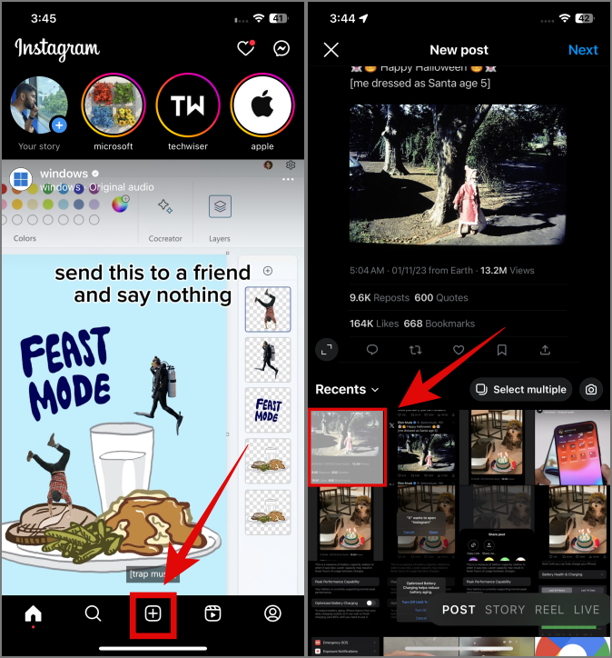 Добавление снимка экрана в историю, публикацию или ролик Instagram в приложении Instagram на iPhone.