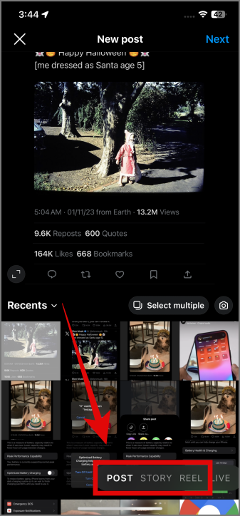 выбор между публикацией, историей или роликом в приложении Instagram на iPhone