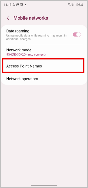 Параметр имен точек доступа на телефоне Samsung Galaxy