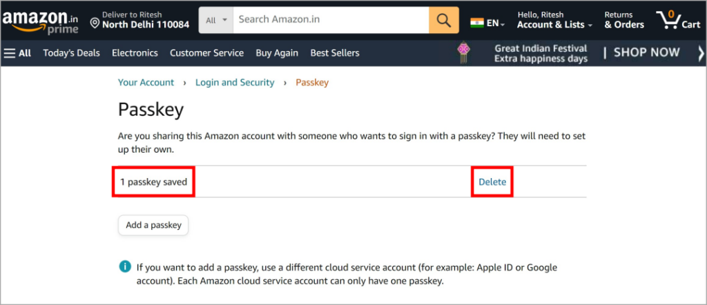 Кнопка «Удалить» для паролей Amazon