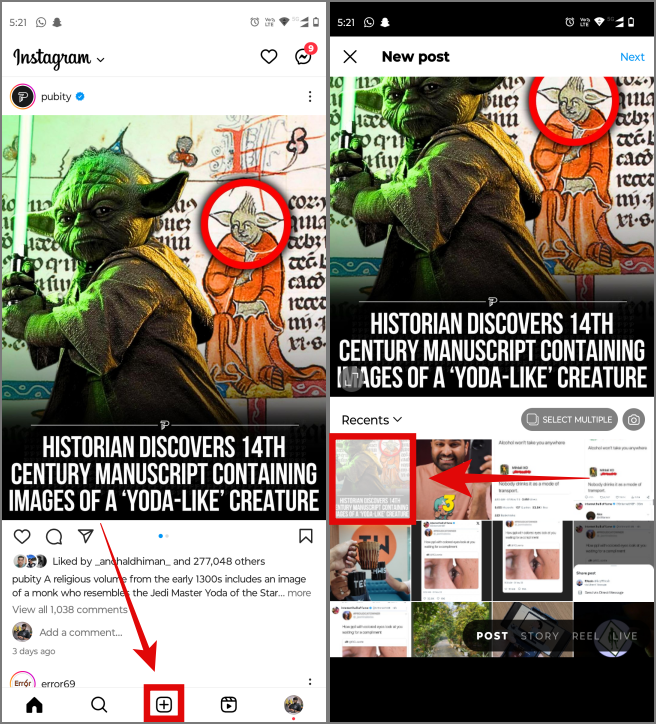 Публикация снимка экрана в виде истории, публикации или видеоролика в приложении Instagram на Android