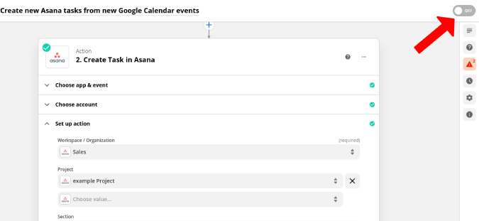 Включение Zapier Zap для синхронизации Календаря Google и Asana
