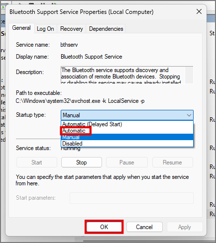 Изменение типа запуска на Автоматический для службы поддержки Bluetooth