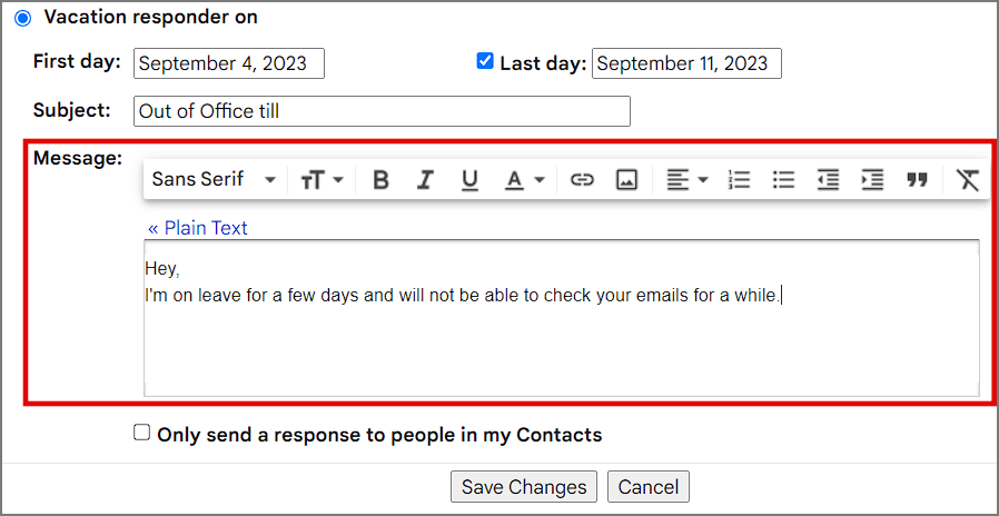 сообщение в автоответчике в Gmail на рабочем столе