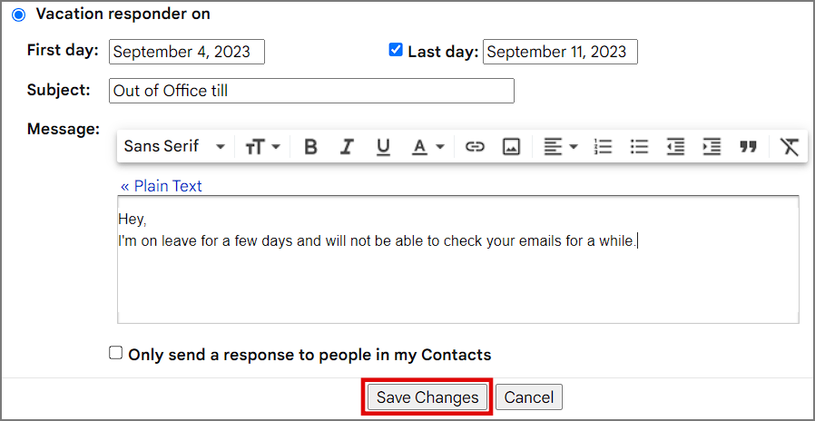 сохранение изменений в автоответчике в Gmail на рабочем столе