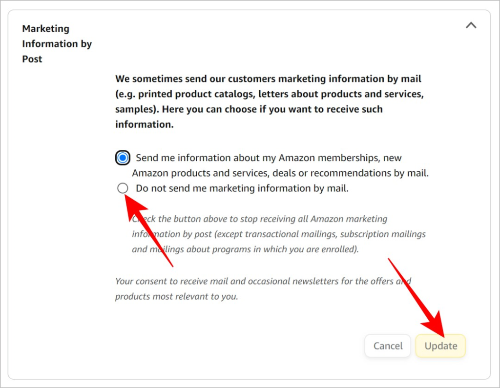 Настройки маркетинговых писем на Amazon